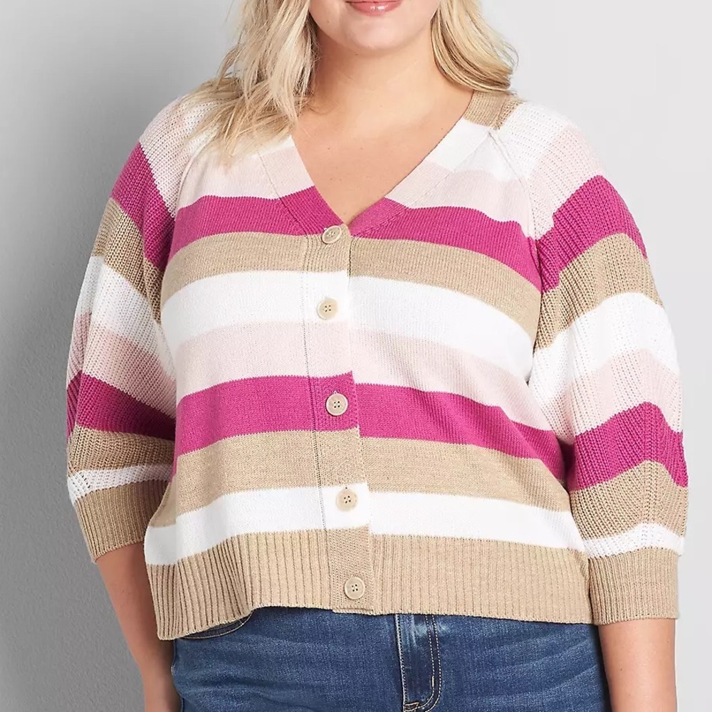 Lane Bryant Women 22/24 Stripe V-Neck 3/4 Balloon Sleeve Ribbed Cropped Cardigan